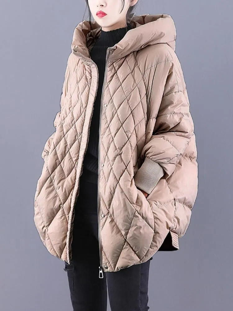 Women Plaid Big Size Warm Down Jacket Hooded Long Sleeve Warm Women Parkas