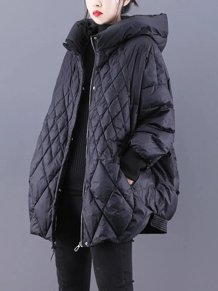 Women Plaid Big Size Warm Down Jacket Hooded Long Sleeve Warm Women Parkas