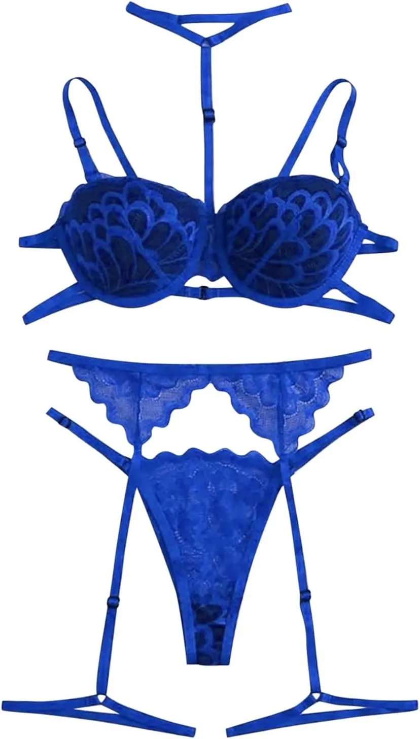 Women Sexy Solid Color Bralette Panty Strappy Lace Embroidery Lingerie Set