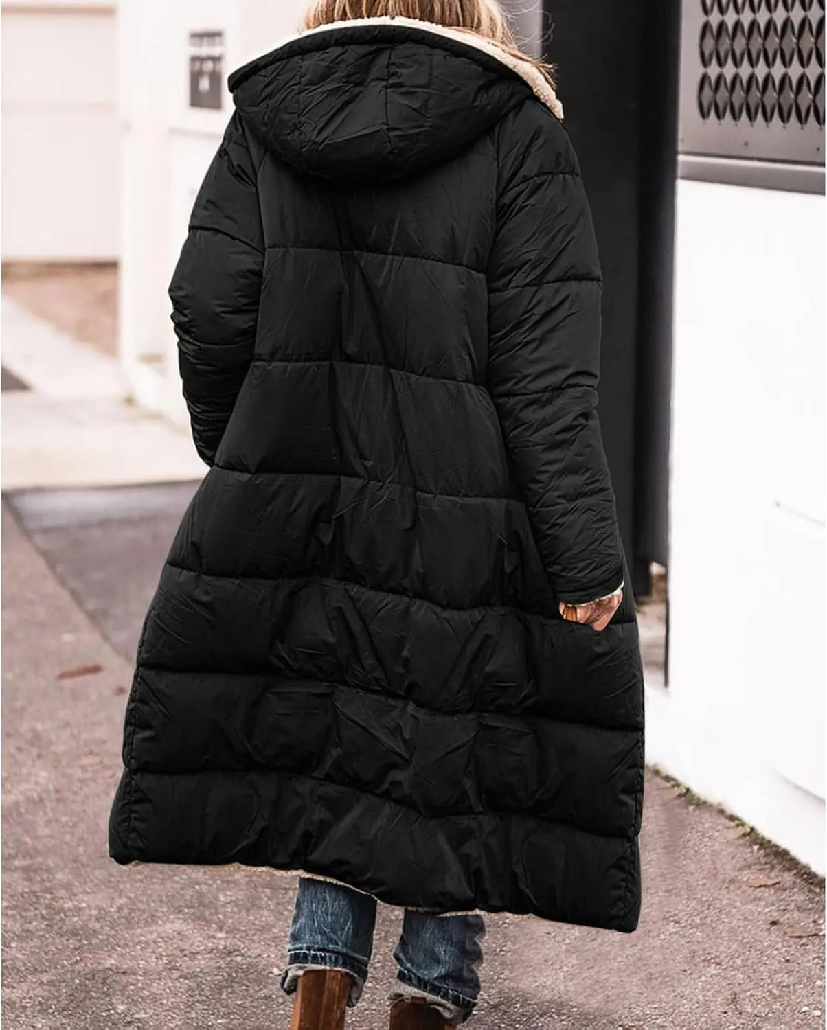 Women Sherpa Fleece Lined Long Jacket Plus Size Warm Shearling Reversible Winter Hooded Coat Distressed Padded Parka