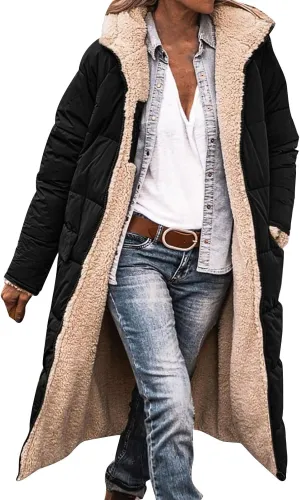 Women Sherpa Fleece Lined Long Jacket Plus Size Warm Shearling Reversible Winter Hooded Coat Distressed Padded Parka