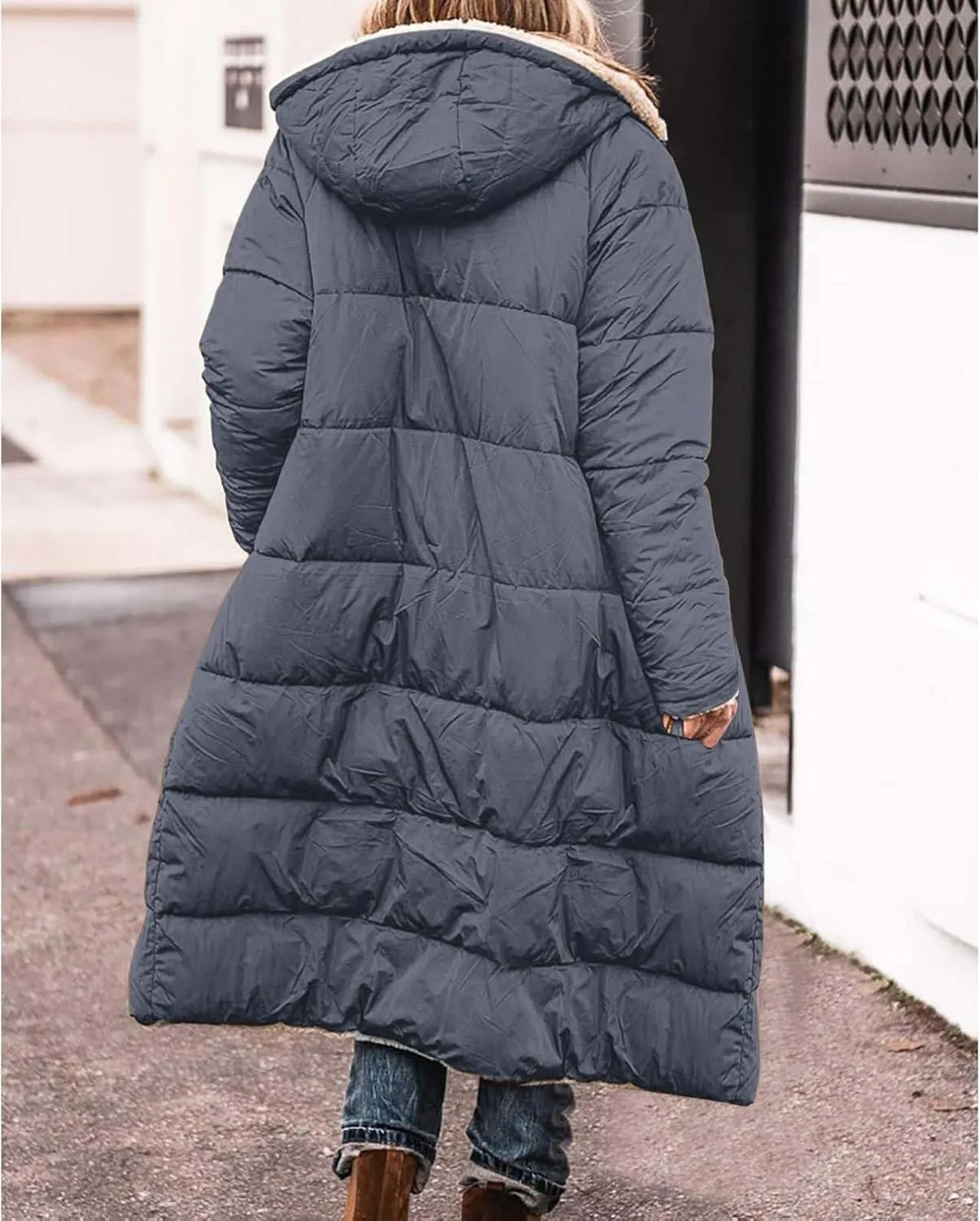 Women Sherpa Fleece Lined Long Jacket Plus Size Warm Shearling Reversible Winter Hooded Coat Distressed Padded Parka