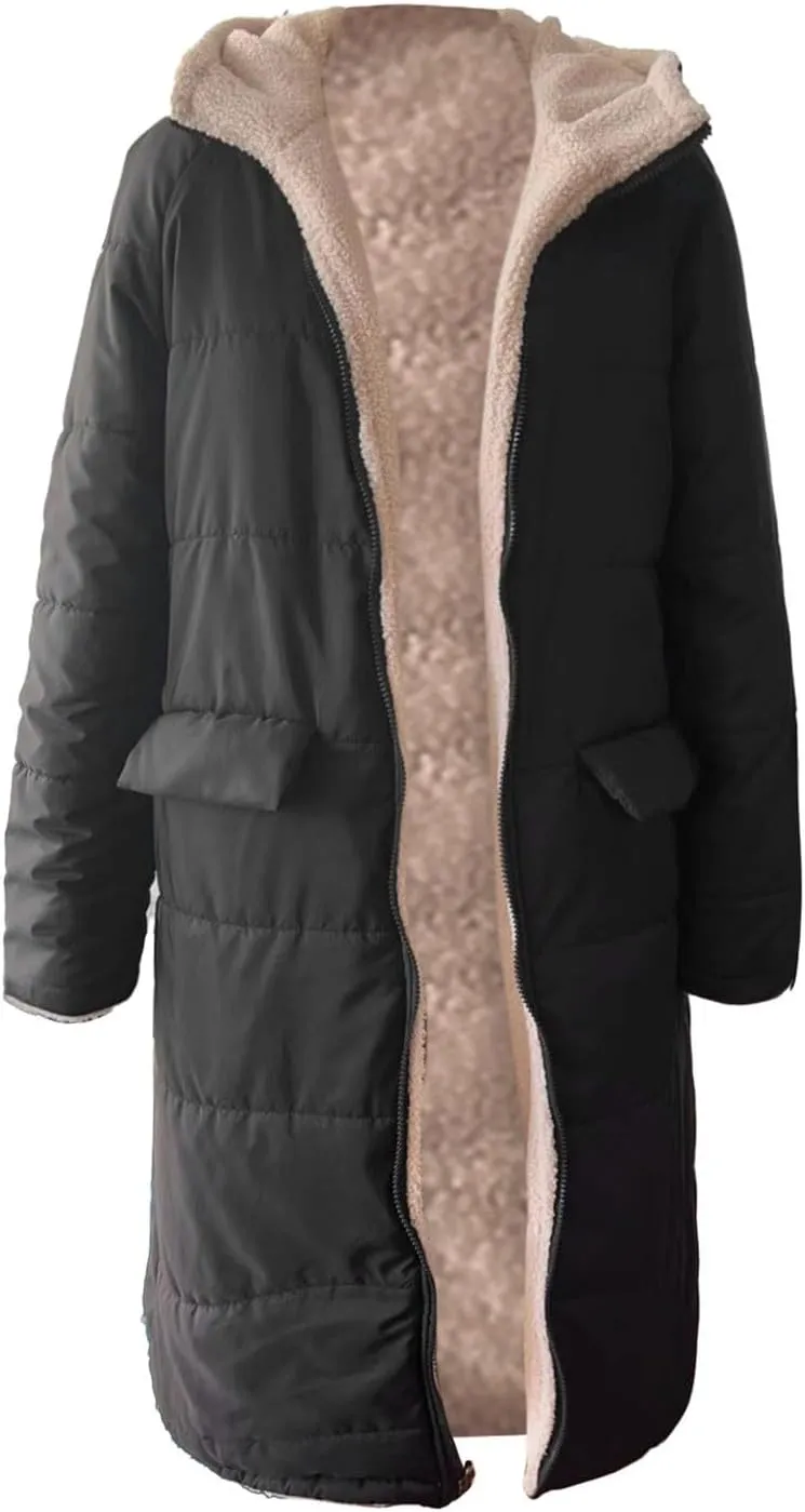 Women Sherpa Fleece Lined Long Jacket Plus Size Warm Shearling Reversible Winter Hooded Coat Distressed Padded Parka