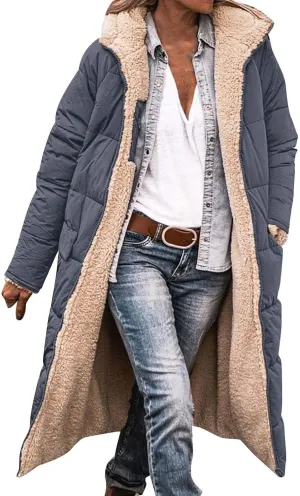 Women Sherpa Fleece Lined Long Jacket Plus Size Warm Shearling Reversible Winter Hooded Coat Distressed Padded Parka