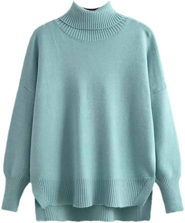 Women Sweater Warm Turtlenecks Casual Loose Oversized Knit Pullover Solid Knit Top