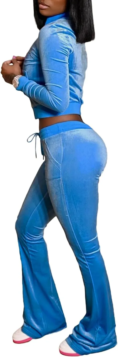 Women Velour 2 Piece Outfits Zip Crop Jackets Wide Leg Pants Sets Tracksuits