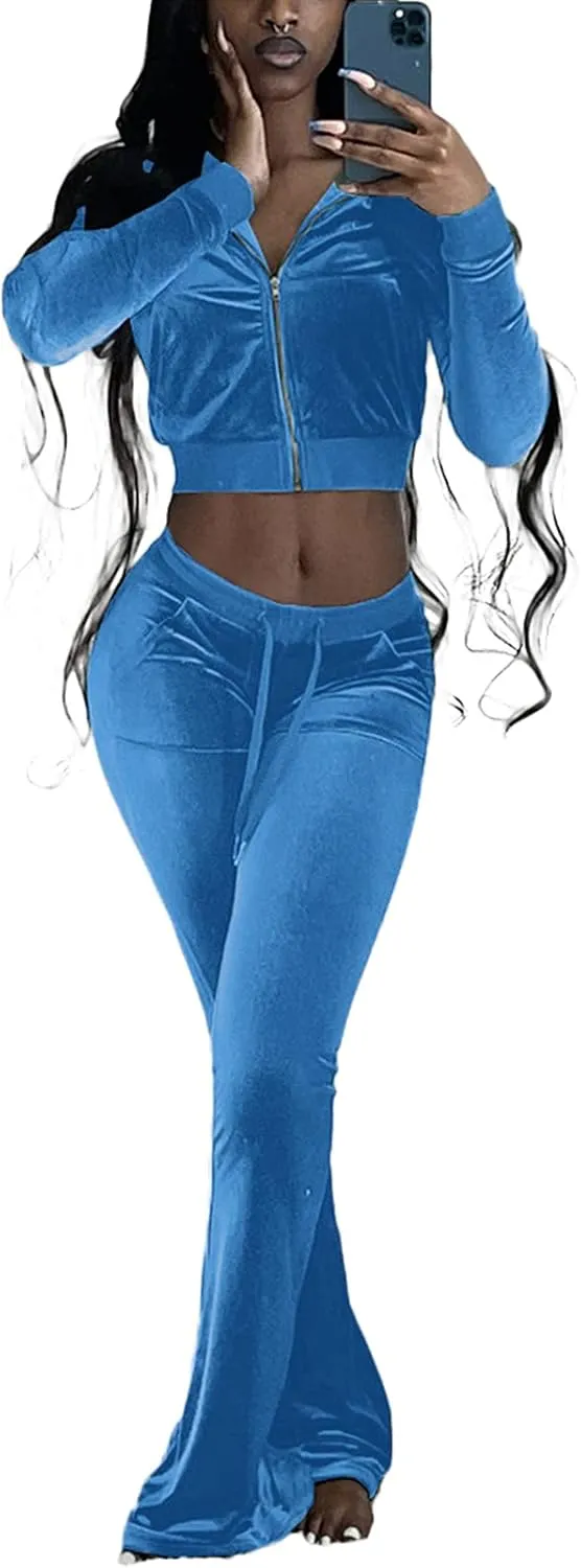Women Velour 2 Piece Outfits Zip Crop Jackets Wide Leg Pants Sets Tracksuits