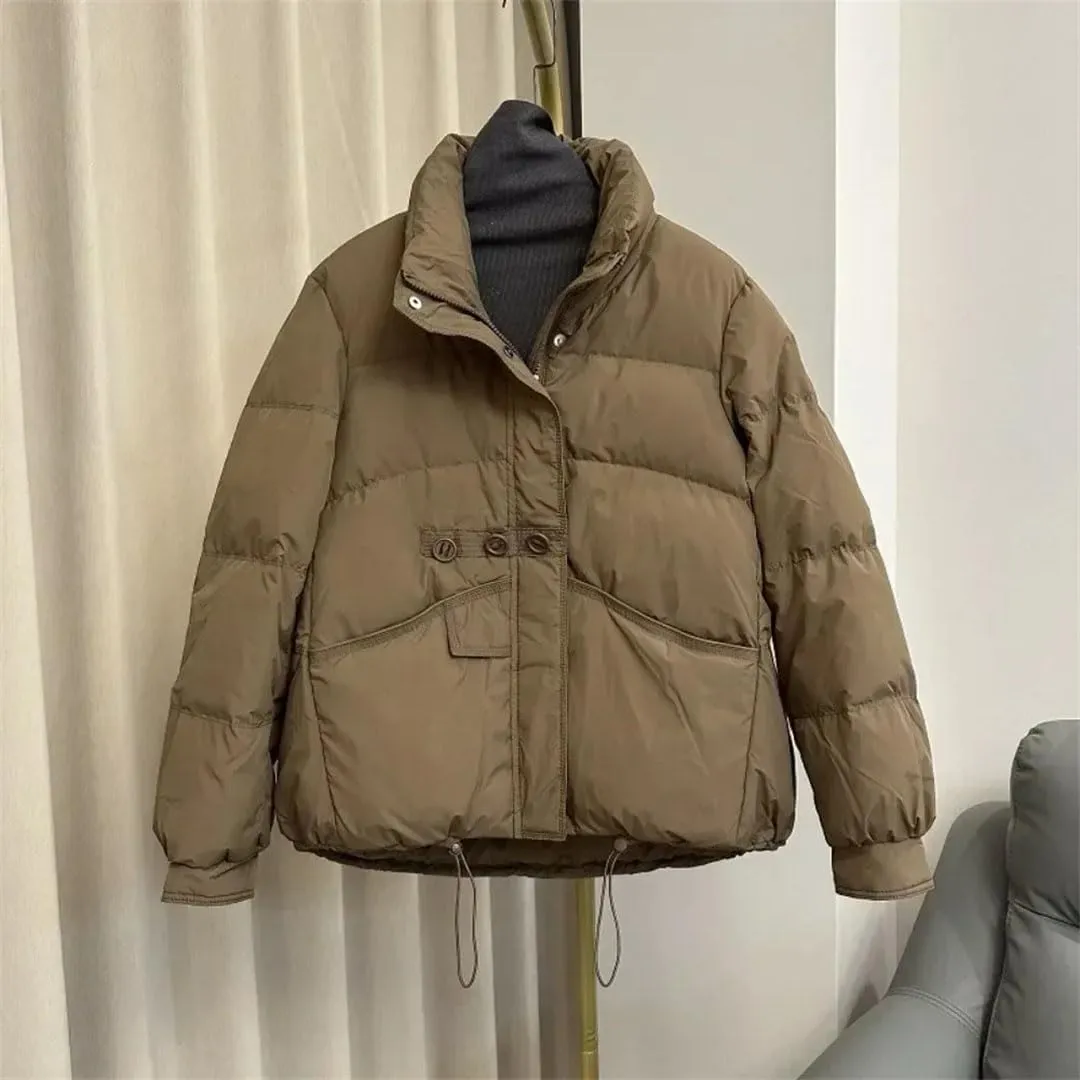 Women Winter Loose Buttons Solid Color Warm Duck Down Warm Jacket Standing Neck Puffer Bread Coat