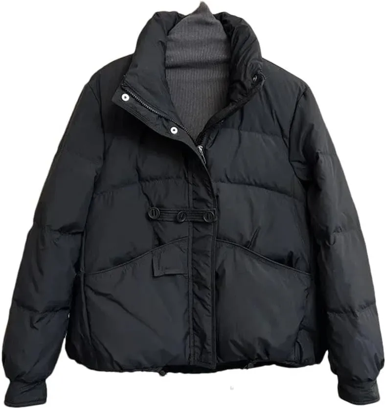 Women Winter Loose Buttons Solid Color Warm Duck Down Warm Jacket Standing Neck Puffer Bread Coat