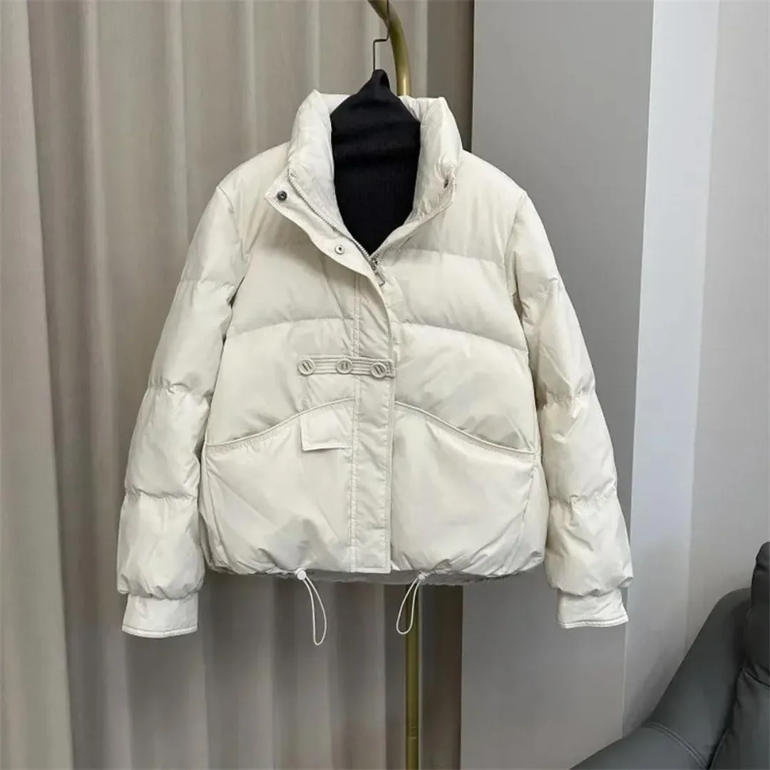 Women Winter Loose Buttons Solid Color Warm Duck Down Warm Jacket Standing Neck Puffer Bread Coat