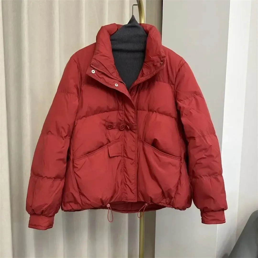 Women Winter Loose Buttons Solid Color Warm Duck Down Warm Jacket Standing Neck Puffer Bread Coat