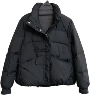 Women Winter Loose Buttons Solid Color Warm Duck Down Warm Jacket Standing Neck Puffer Bread Coat