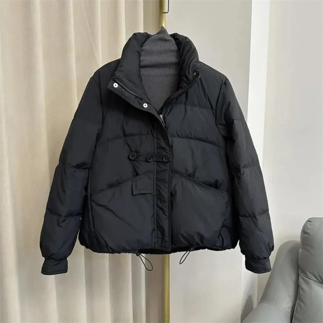 Women Winter Loose Buttons Solid Color Warm Duck Down Warm Jacket Standing Neck Puffer Bread Coat