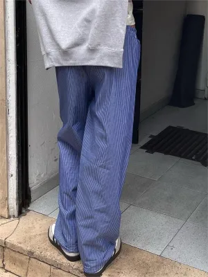 Women Y2k Striped Wide Leg Lounge Pants Straight Elastic Waist Trousers with Pockets Casual Comfy Bottoms
