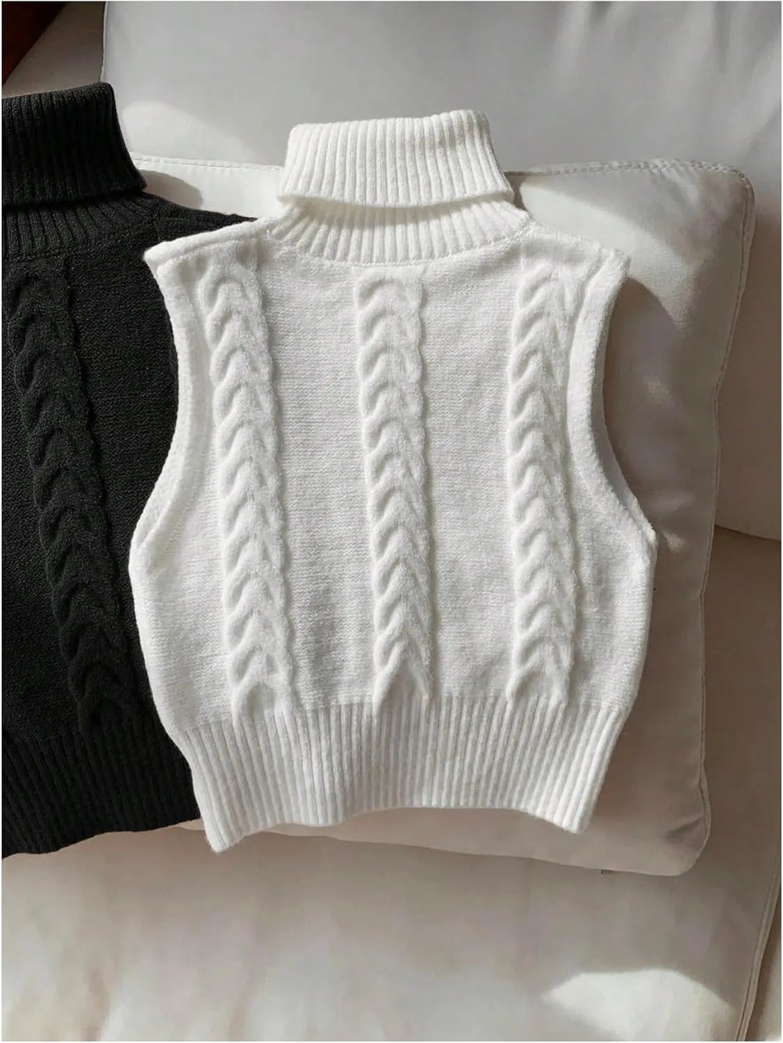 Women's 2 Piece Cable Knit Cropped Sweater Vest High Neck Sleeveless Knit Pullover Top