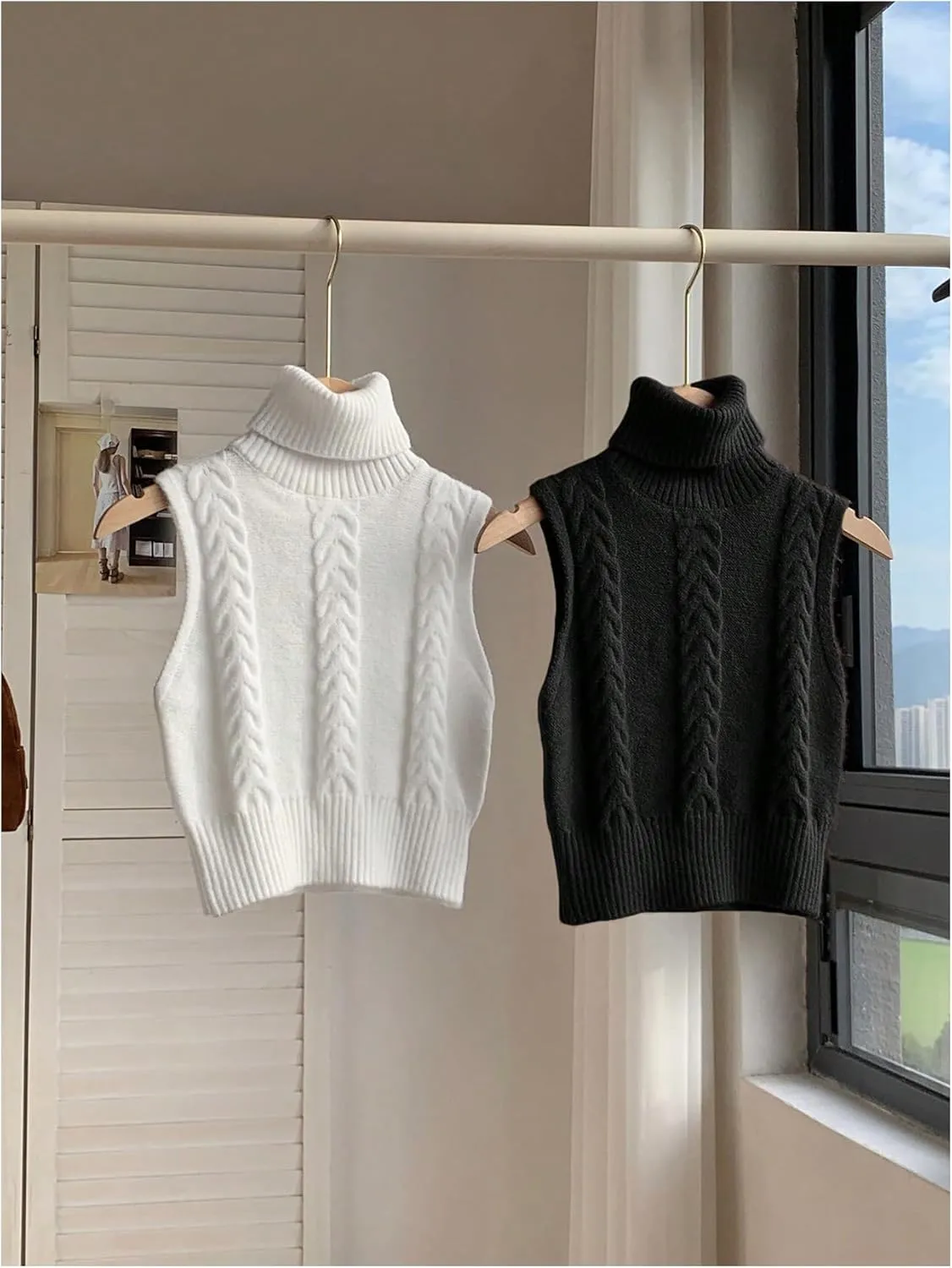 Women's 2 Piece Cable Knit Cropped Sweater Vest High Neck Sleeveless Knit Pullover Top