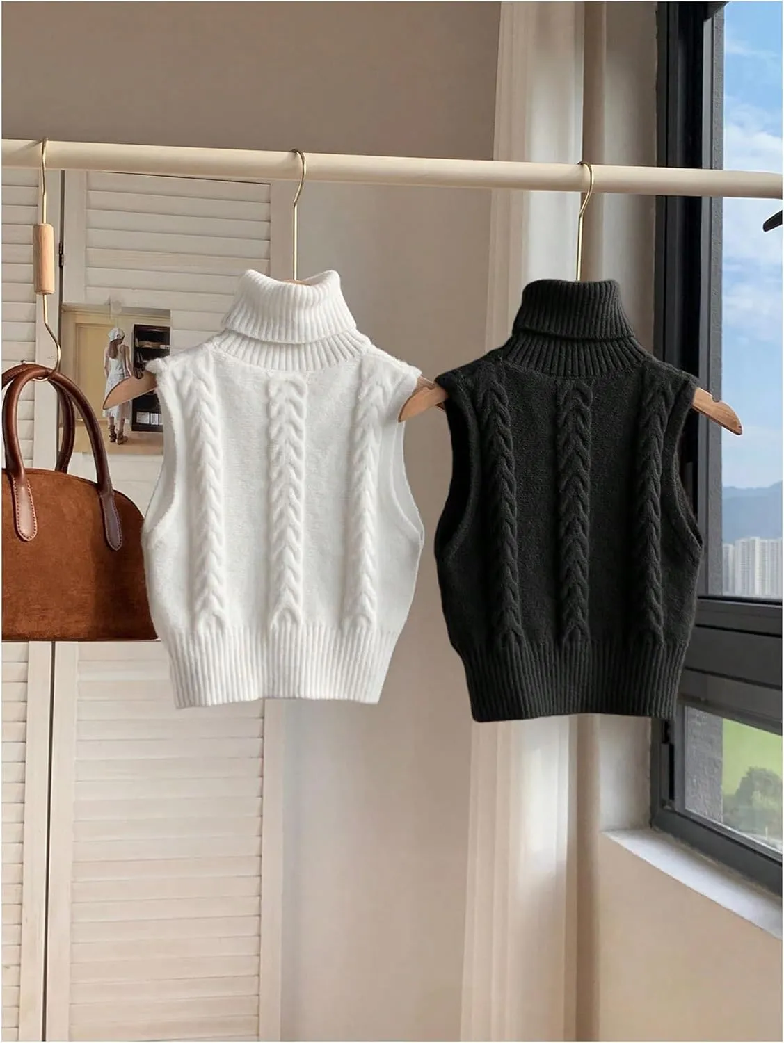 Women's 2 Piece Cable Knit Cropped Sweater Vest High Neck Sleeveless Knit Pullover Top