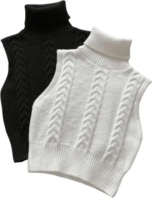Women's 2 Piece Cable Knit Cropped Sweater Vest High Neck Sleeveless Knit Pullover Top