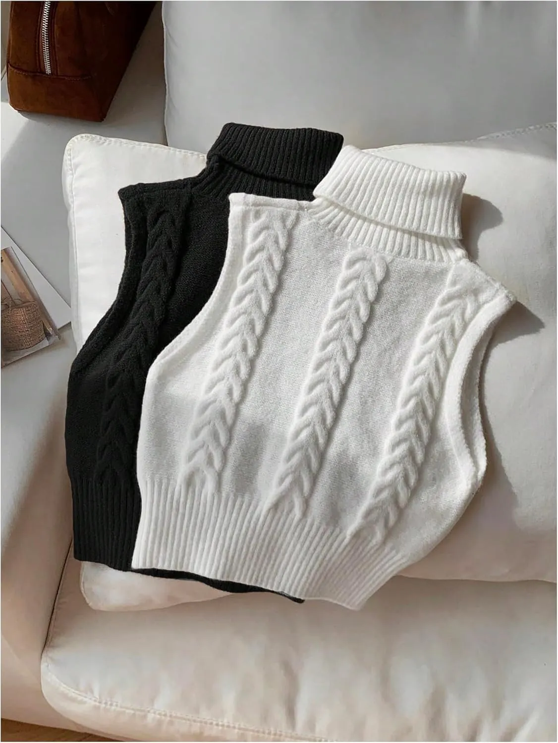 Women's 2 Piece Cable Knit Cropped Sweater Vest High Neck Sleeveless Knit Pullover Top