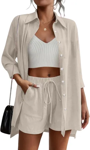 Womens 2 Piece Lounge Set Cotton Linen Sets 3/4 Sleeve Shirt and Drawstring Casual Shorts Sweatsuit Set