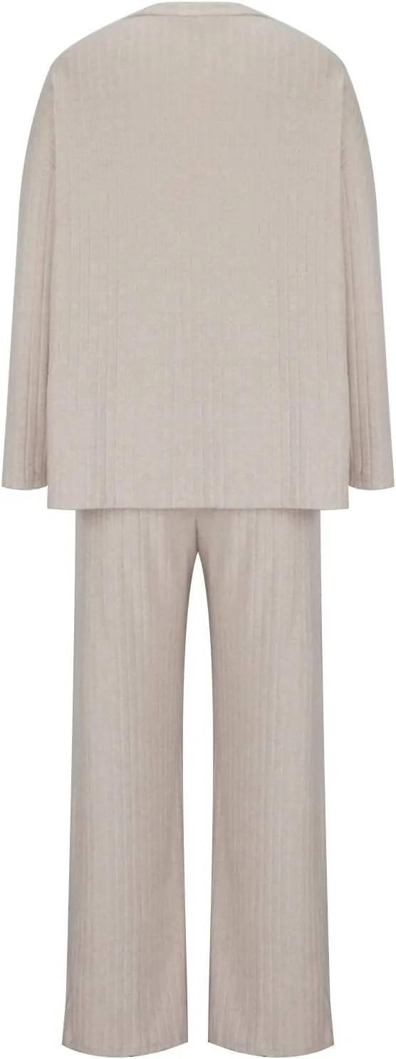 Women's 2 Piece Lounge Sets Ribbed Knit Pajamas Sets V Neck Long Sleeve Pullover Tops Wide Leg Pants with Pockets