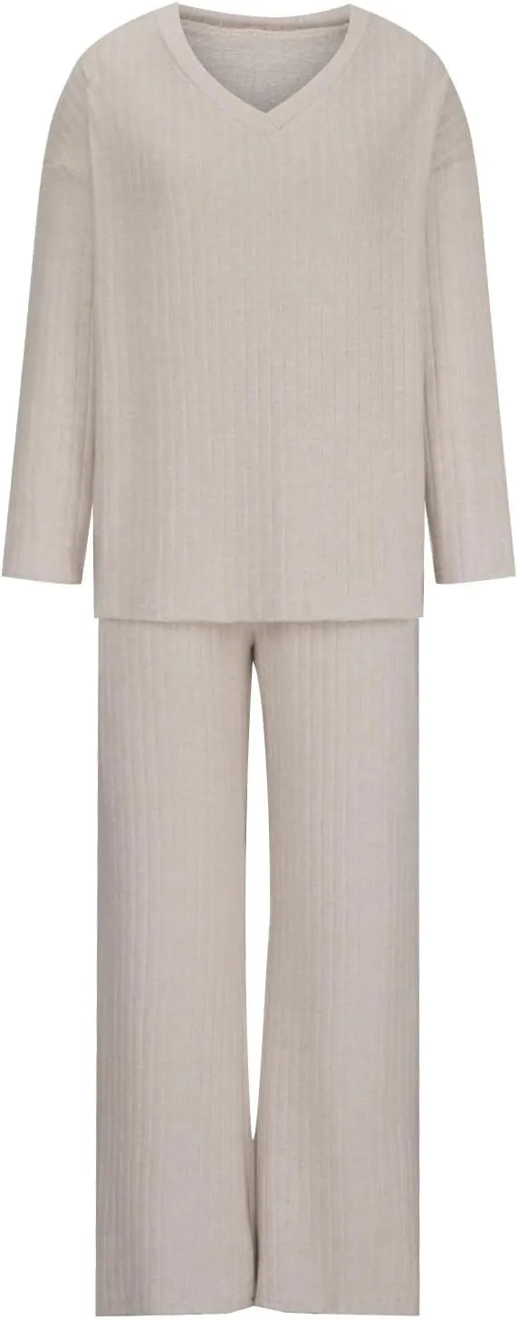Women's 2 Piece Lounge Sets Ribbed Knit Pajamas Sets V Neck Long Sleeve Pullover Tops Wide Leg Pants with Pockets