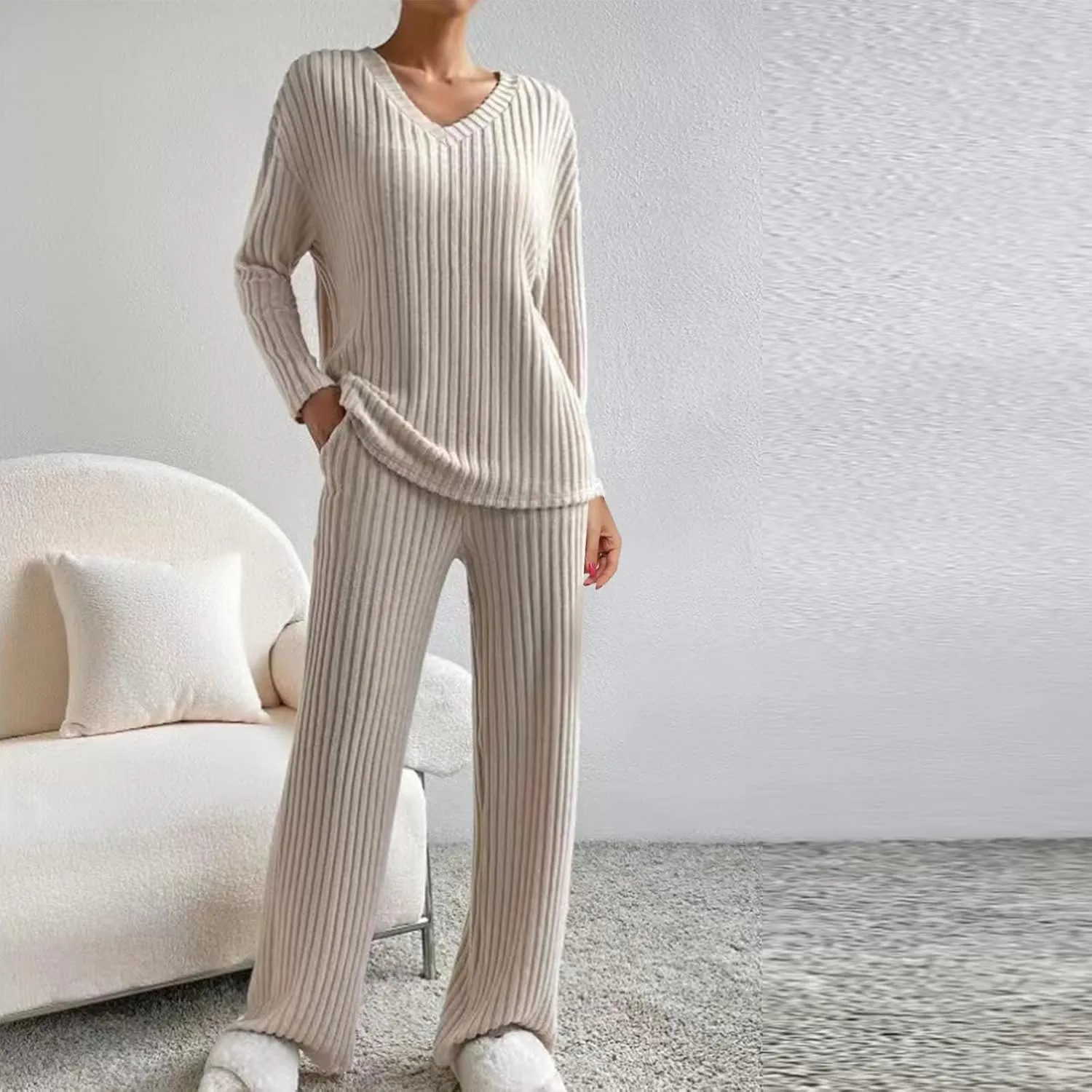 Women's 2 Piece Lounge Sets Ribbed Knit Pajamas Sets V Neck Long Sleeve Pullover Tops Wide Leg Pants with Pockets