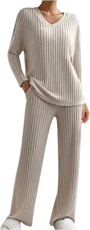 Women's 2 Piece Lounge Sets Ribbed Knit Pajamas Sets V Neck Long Sleeve Pullover Tops Wide Leg Pants with Pockets