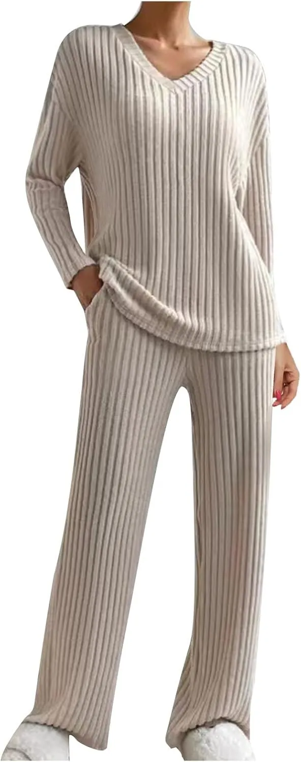Women's 2 Piece Lounge Sets Ribbed Knit Pajamas Sets V Neck Long Sleeve Pullover Tops Wide Leg Pants with Pockets