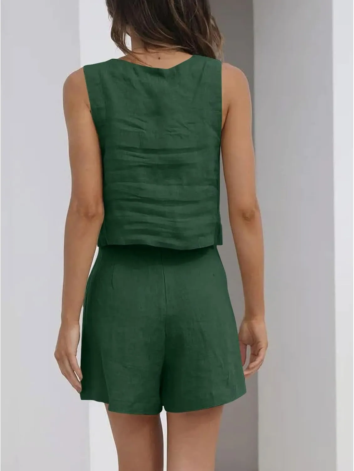 Womens 2 Piece Outfits Summer Dressy Sleeveless Crop Tank Tops and Lounge Shorts Matching Linen Sets