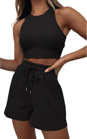 Womens 2 Piece Shorts Sets Sleeveless Crop Tops and Shorts Summer Ribbed Lounge Set Beach Vacation Trendy Clothes