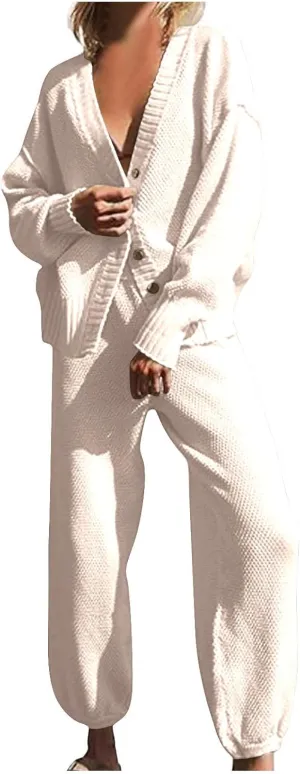 Womens 2 Piece Sweater Sets Sexy Knit Button Down Outfits V Neck Long Sleeve Tops and Long Pants Lounge Cute Set