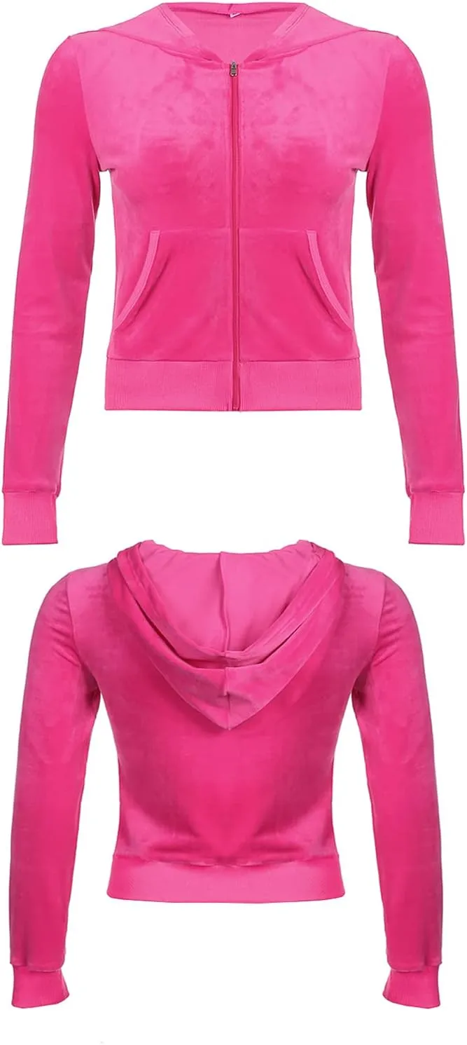 Women's 2 Piece Velour Tracksuit Set Heart Print Long Sleeve Zipper Hoodie Cropped Jacket and Sweatpants Y2K Sweatsuit Set