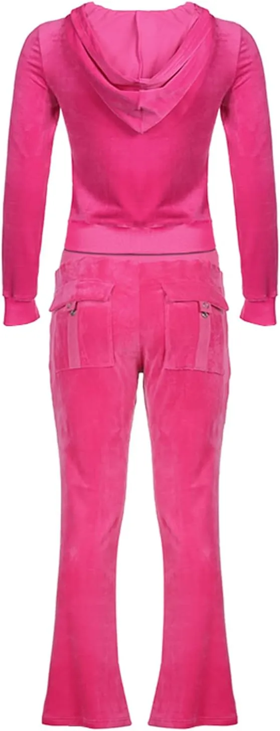 Women's 2 Piece Velour Tracksuit Set Heart Print Long Sleeve Zipper Hoodie Cropped Jacket and Sweatpants Y2K Sweatsuit Set