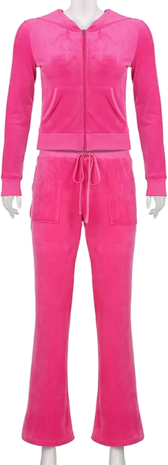 Women's 2 Piece Velour Tracksuit Set Heart Print Long Sleeve Zipper Hoodie Cropped Jacket and Sweatpants Y2K Sweatsuit Set