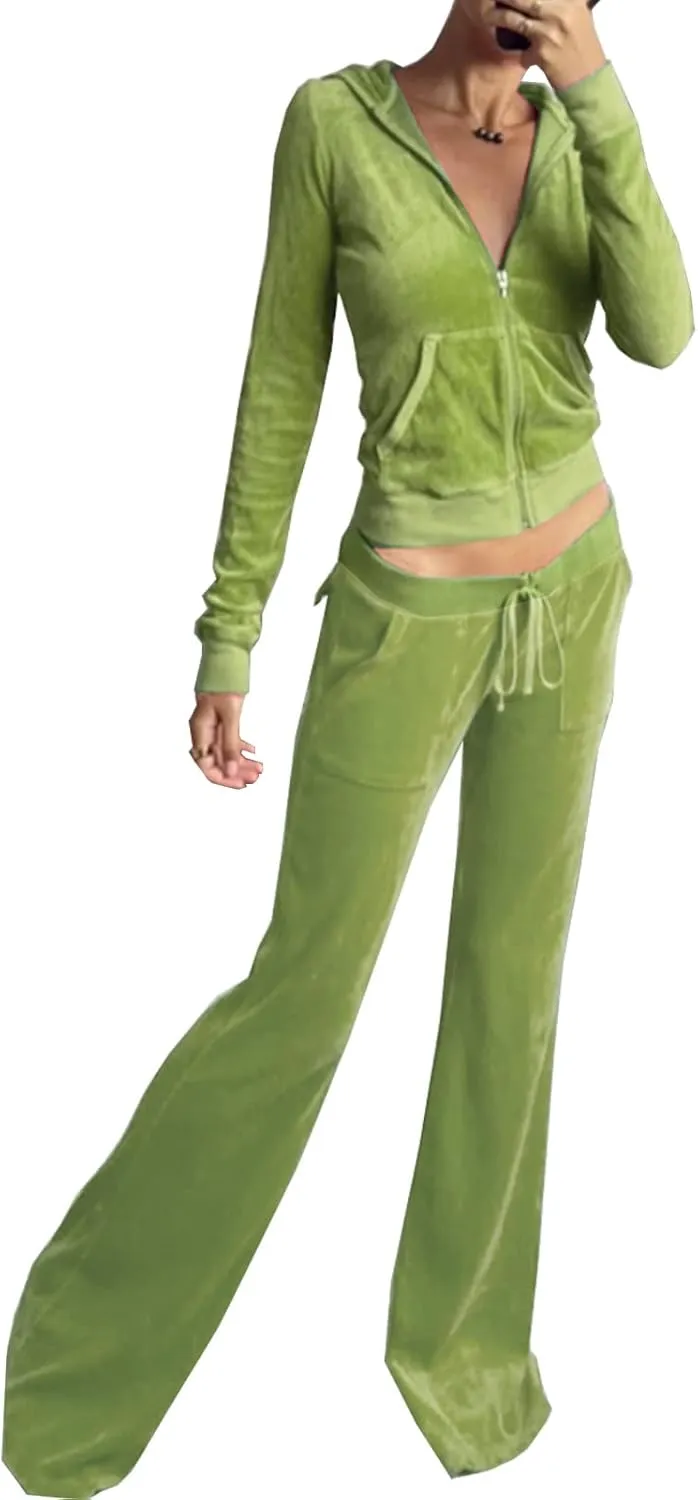 Women's 2 Piece Velour Tracksuit Set Heart Print Long Sleeve Zipper Hoodie Cropped Jacket and Sweatpants Y2K Sweatsuit Set