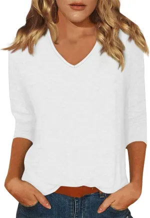 Womens 3/4 Sleeve Tops Casual V Neck T Shirts Loose Fit Three Quarter Length Cute Shirts Dressy Basic Work Blouse