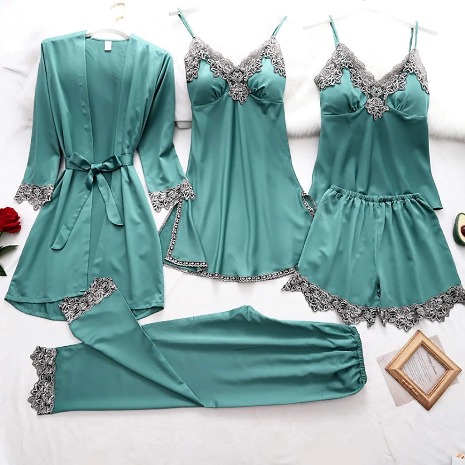 Womens 5Pcs Pajama Sets Lace Trim Robe Nightgown Cami Tops Long Pant & Shorts 5 Piece Lounge Set Sleepwear
