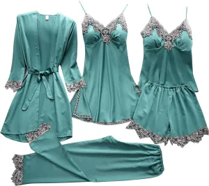 Womens 5Pcs Pajama Sets Lace Trim Robe Nightgown Cami Tops Long Pant & Shorts 5 Piece Lounge Set Sleepwear