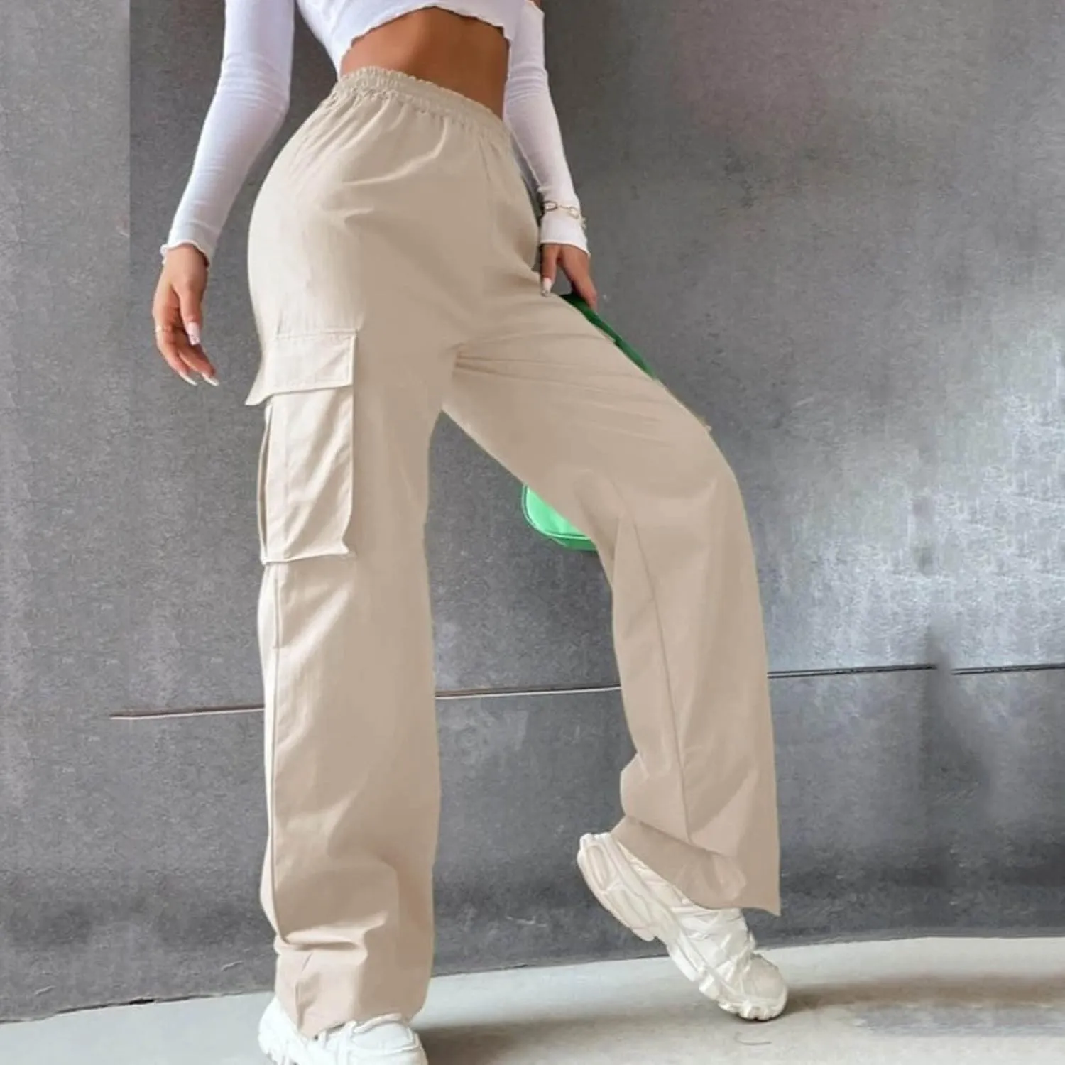 Women's Belt Less High Waisted Wide Leg Trousers Straight Leg Relaxed Style Casual Trousers Velour