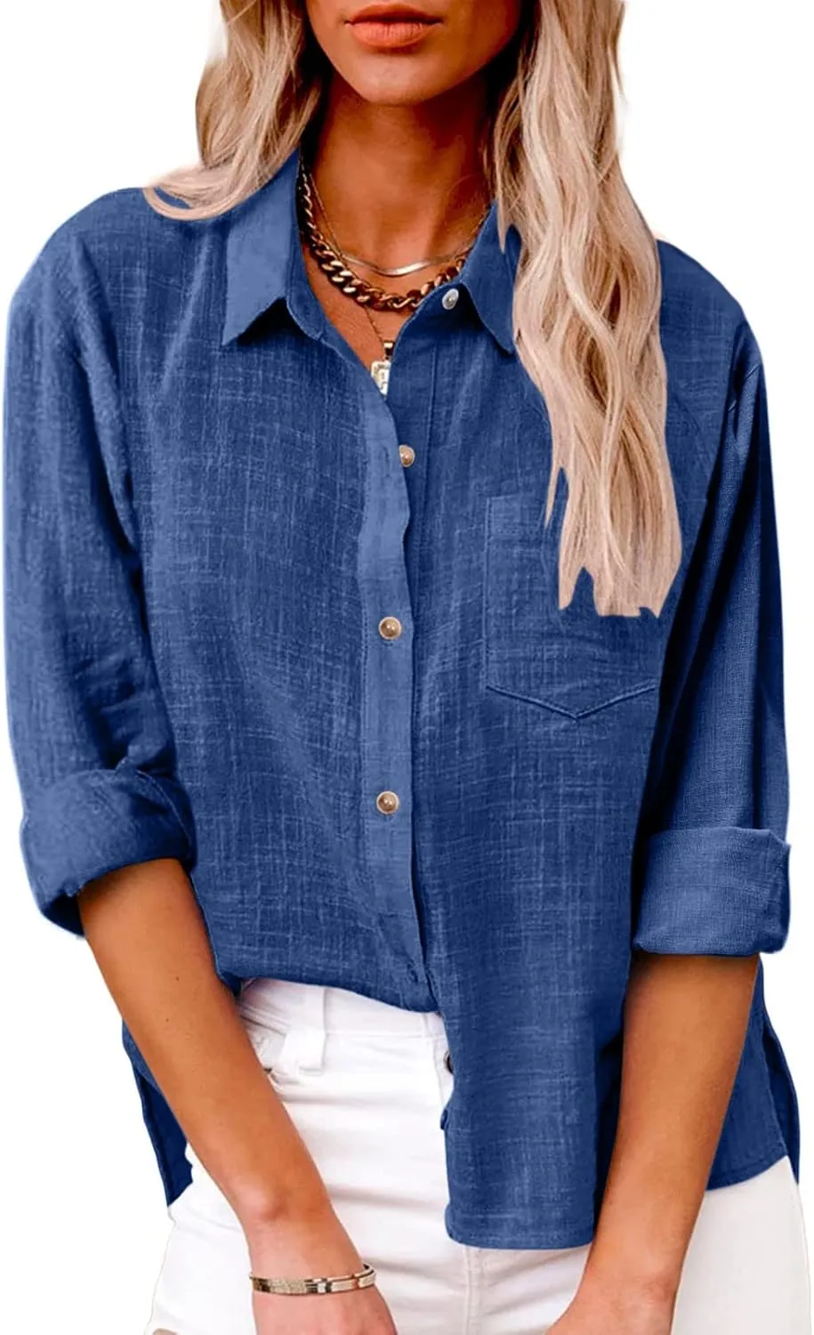 Womens Button Down Linen Shirt Business Casual Tops Long Sleeve Lapel Shirt Dressy Shirts for Work Lightweight Shirts