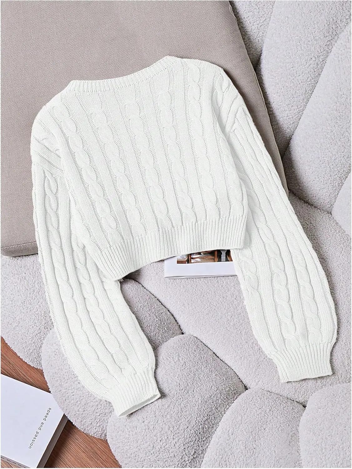 Women's Cable Knit Crop Sweater Crewneck Long Sleeve Basic Knit Pullover Tops