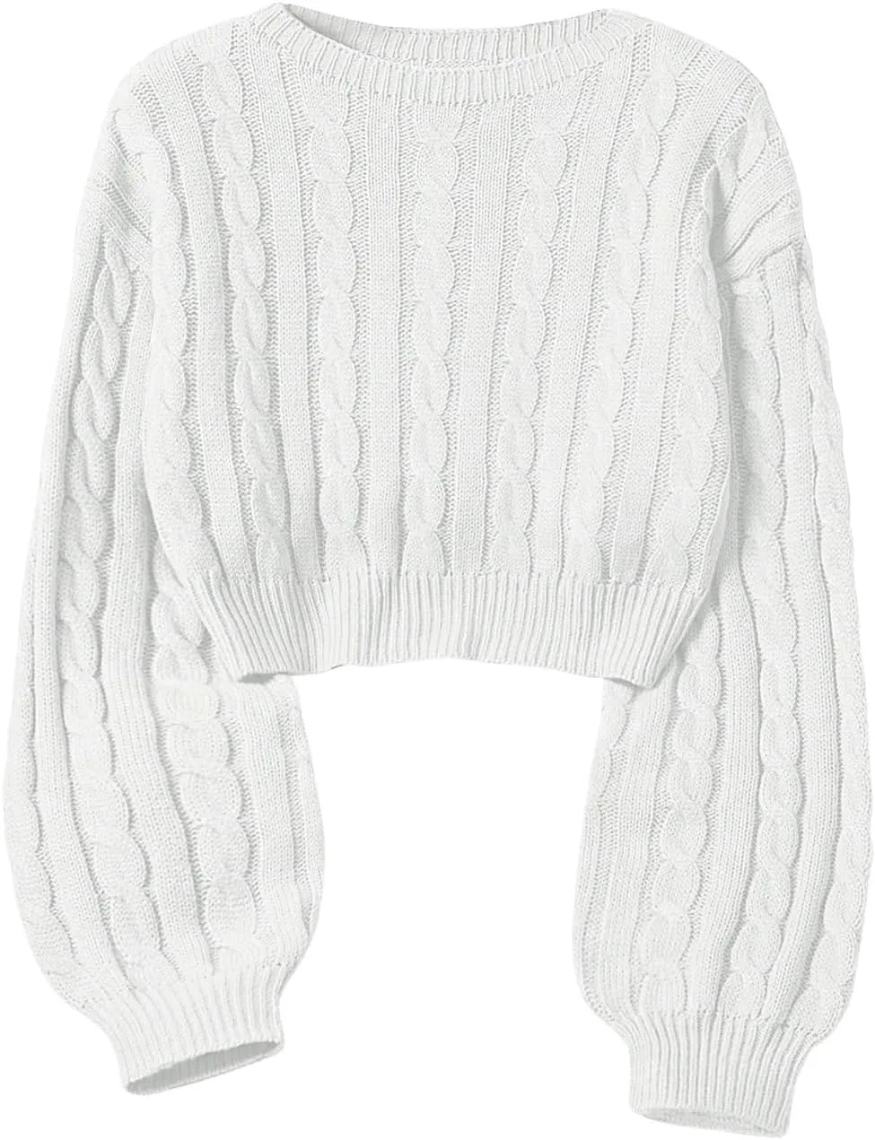 Women's Cable Knit Crop Sweater Crewneck Long Sleeve Basic Knit Pullover Tops