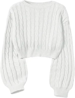 Women's Cable Knit Crop Sweater Crewneck Long Sleeve Basic Knit Pullover Tops