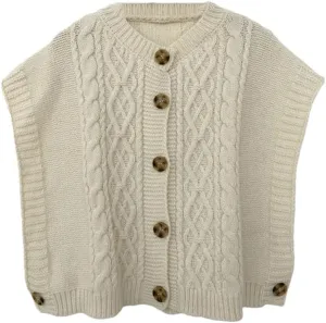 Women's Chunky Cable Knit Sweater Vest Button Down V-Neck Sleeveless Crop Knit Top