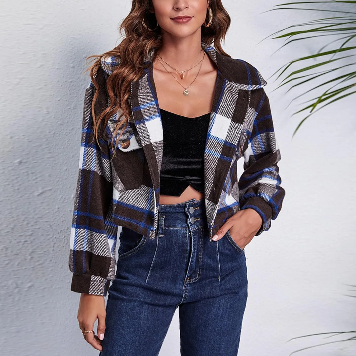 Womens Cropped Plaid Shacket Jacket Long Sleeve Open Front Button Up Lapel Flannel Shirts Slim Fit Fashion Clothes