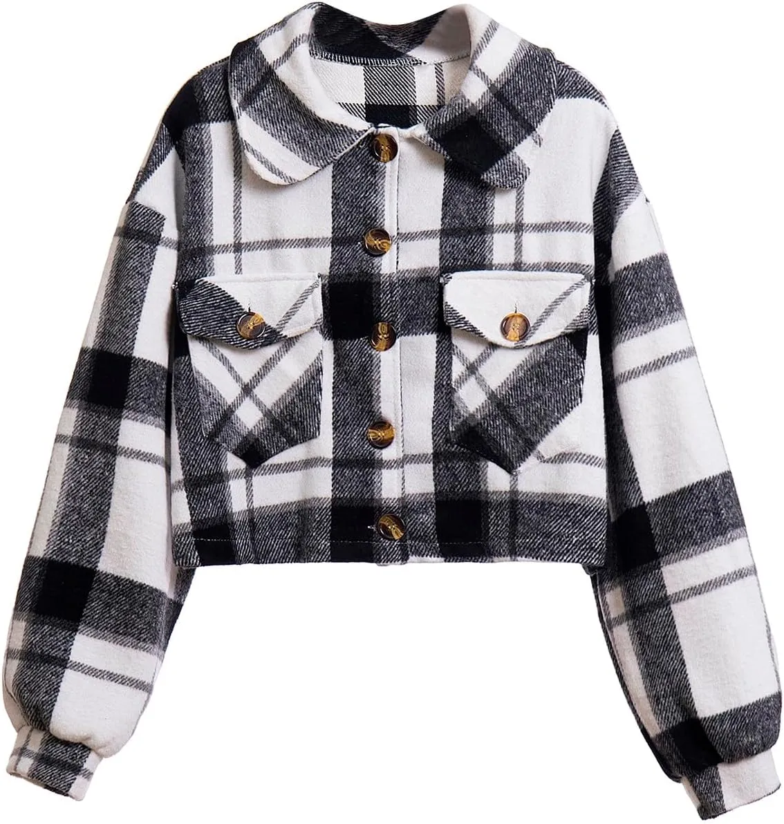 Womens Cropped Plaid Shacket Jacket Long Sleeve Open Front Button Up Lapel Flannel Shirts Slim Fit Fashion Clothes
