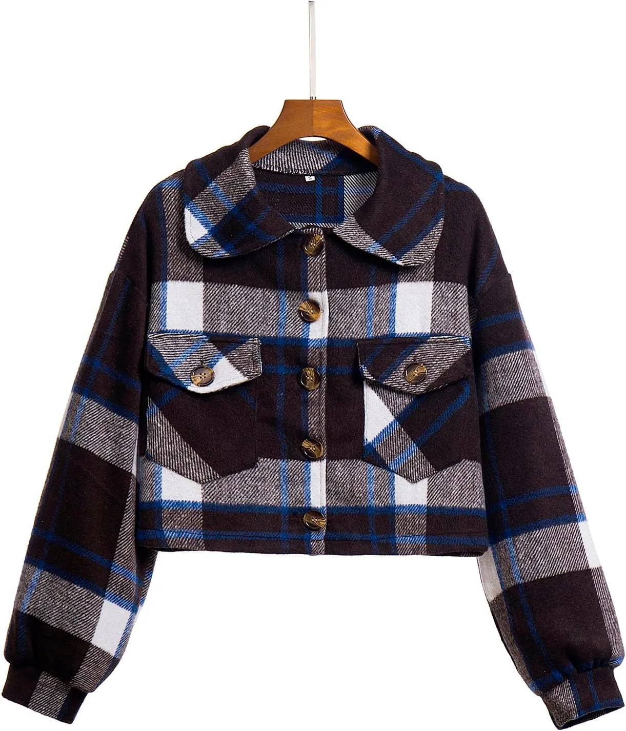 Womens Cropped Plaid Shacket Jacket Long Sleeve Open Front Button Up Lapel Flannel Shirts Slim Fit Fashion Clothes