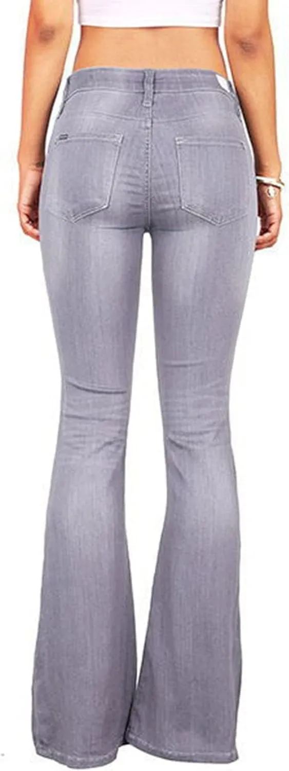 Women's Denim Stretch Thin Flared Mid Waist Pull-On Bootcut Slim Flare Jean Button Up Bell Bottom Stretch Classic