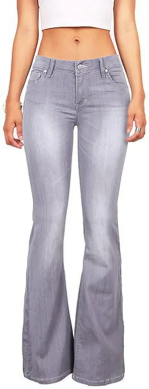 Women's Denim Stretch Thin Flared Mid Waist Pull-On Bootcut Slim Flare Jean Button Up Bell Bottom Stretch Classic
